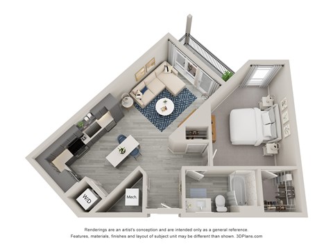 Floor plan for 1 bed, 1 bath, 729 sqft